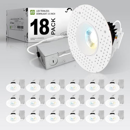 ASD 3 Inch Trimless LED Recessed Ceiling Light Fixture, Mud-in Canless Downlight with Junction Box, 5CCT 2700K-5000K, 12W 933 Lumens, CRI90+, Anti-Glare, Dimmable, IC & Wet Rated, ETL, 18 Pack