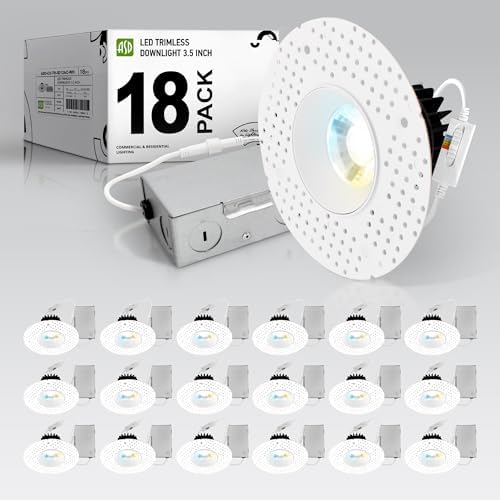 ASD 3 Inch Trimless LED Recessed Ceiling Light Fixture, Mud-in Canless Downlight with Junction Box, 5CCT 2700K-5000K, 12W 933 Lumens, CRI90+, Anti-Glare, Dimmable, IC & Wet Rated, ETL, 18 Pack