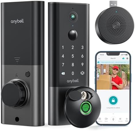 Fingerprint Smart Door Lock, ANYBELL Keyless Entry Door Lock with Camera, Built-in Wi-Fi Deadbolt for Front Door, Auto Lock, Cloudege App Control, Night Vision & Two-Way Audio, Home Security