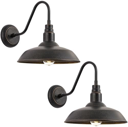 14in Outdoor Gooseneck Barn Light for Garage, 2 Pack Bronze Exterior Wall Lights Fixture for Porch, Outside Farmhouse Wall Sconce for Patio, Cabin, Entryway