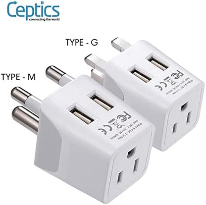 Ceptics South Africa Travel Plug Set - with 2 USB + USA Socket Input - Type M and Type G - Ultra Compact - Safe Grounded Perfect for Cell Phones, Laptops, Camera Chargers