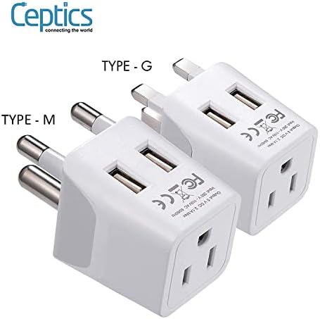 Ceptics South Africa Travel Plug Set - with 2 USB + USA Socket Input - Type M and Type G - Ultra Compact - Safe Grounded Perfect for Cell Phones, Laptops, Camera Chargers