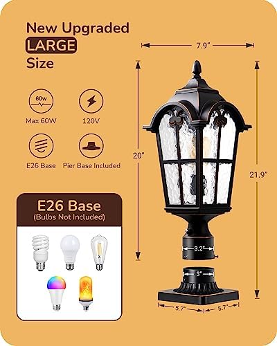 EDISHINE Large Size Dusk to Dawn Outdoor Post Light, 21.9'' H 120V Pole Light Fixture with Pier Mount Base, Waterproof Exterior Lamp Post Lantern Head for Yard, Driveway, Fence, Black, Hardwired