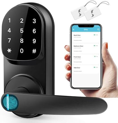 Sifely Keyless Entry Smart Lock - Fingerprint & Keypad Access, Front Door Handle, Black