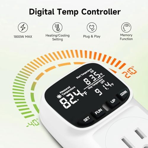 1800W Digital Thermostat for Reptile Tank, -40℉~210℉, Plug in Thermostat for Heater/Greenhouse with 5m/2m Cable, 15A Temperature Controlled Outlet with VA Display, Temp ±0.1°F, White