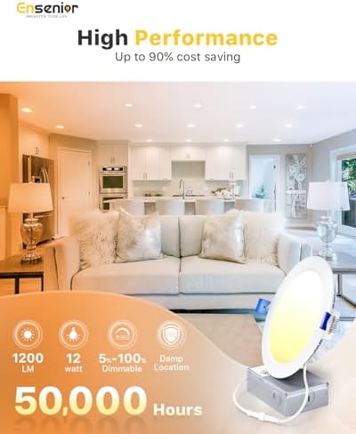 Ensenior 2 Pack 6 Inch LED Recessed Light, Dimmable, 2700K-5000K 5CCT, 1200LM High Brightness, 12W 120V, Damp Rated, Ultra-Thin Canless Wafer Ceiling Light - ETL & FCC & IC