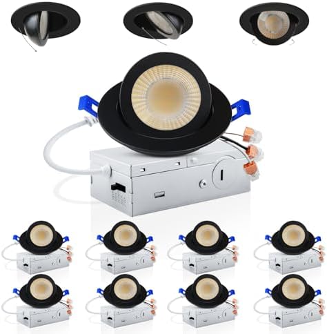 Adetu 3 Inch Black Gimbal LED Recessed Light, 5CCT, 7W=65W, 798LM, 8 Pack