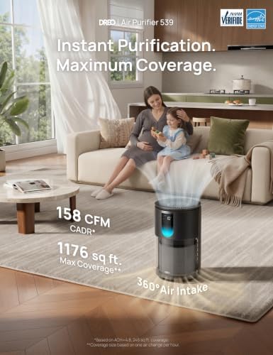DREO Air Purifier for Home, Up to 1176 ft², HEPA Sleep Mode, Air Purifiers for Large Room & Bedroom, Pets, Smoke, Dust, Pollen & Odors, PM2.5 Monitor, Auto & Turbo Mode, 4 Speeds, DR-HAP009 (Dreo 539)