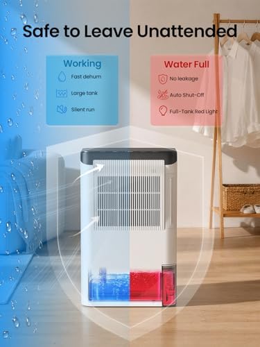 Dehumidifiers for Home, 2.5L Tank, 35dB Quiet, Continuous Draining Hose