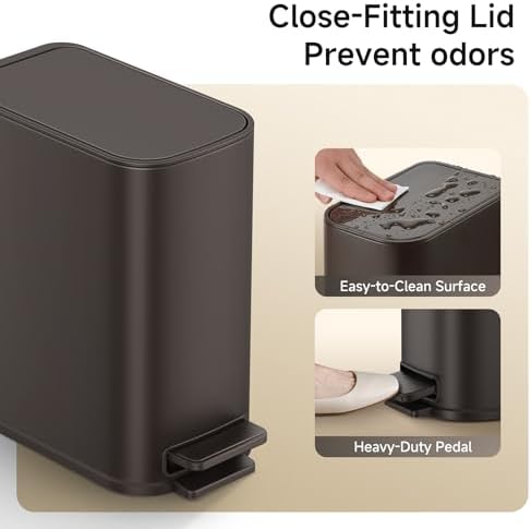 TIPGO Small Bathroom Trash Can with Lid Soft Close,1.3 Gallon, Brown