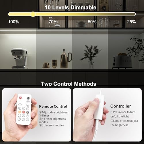 WOBANE Dimmable COB LED Strip with RF Remote,9.8ft Under Cabinet Lighting