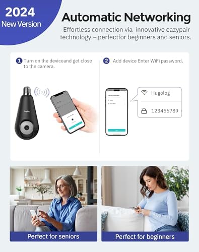 Hugolog 2K 3MP Light Bulb Security Camera 5G& 2.4GHz WiFi, 360° Wireless Outdoor Indoor Camera for Home, Motion Detection, Two-Way Talk, Color Night Vision, Siren Alarm, Compatible with Alexa