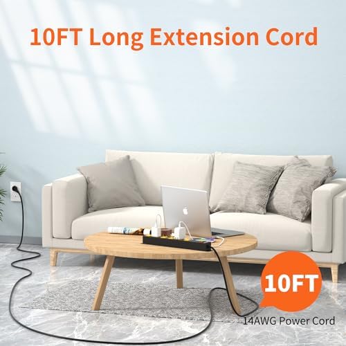 6 Outlet Power Strip 2700J Surge Protector, Heavy Duty Power Strips with 10FT Long Cord and Flat Plug, Wall Mountable Metal Strip for Desk, Garage, Workbench and Kitchen