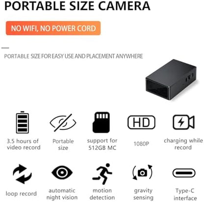Hidden Camera Spy Camera, Mini Cameras, HD 1080P, Portable Cameras, Indoor Nanny Cam,with Night Vision, Motion Detection, Loop Record, Gravity Sensor, 512GB Max, No-WiFi&APPS