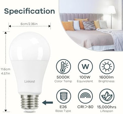 Linkind A19 LED Light Bulbs, 100 Watt Equivalent, 5000K Daylight 12 Packs