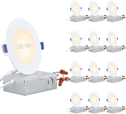TORCHSTAR 12-Pack 4 Inch Ultra-Thin LED Recessed Light, CRI90 9W, 3000K