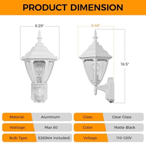 Porch Lights Outdoor Motion Sensor Wall Sconce Anti-Rust Aluminum, Exterior Outdoor Wall Lights Dusk to Dawn Porch Light Fixture Wall Mount for House Outside Patio Large White