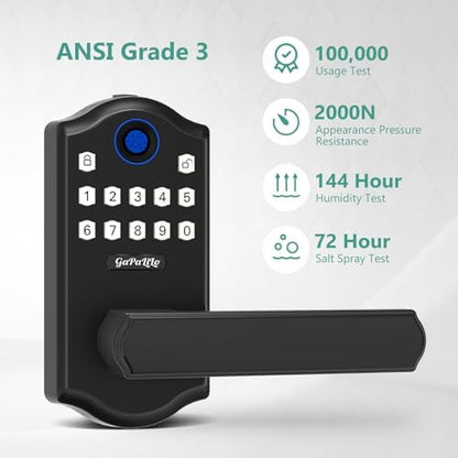 Smart Fingerprint Door Lock with APP Control, Keyless Entry Biometric Door Lever, Electronic Interior Door Handle with KeyPad, 4-in-1 Unlock Methods for Home Security,Black