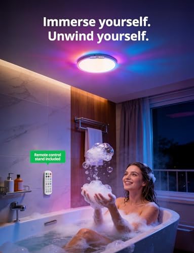 Bojim 10000mah Battery Powered Rechargeable Motion Sensor Ceiling Lights with Remote, 12 Inch Wireless Waterproof Shower Magnetic RGB Overhead Lighting with Backlight for Bedroom Bathroom 2pack