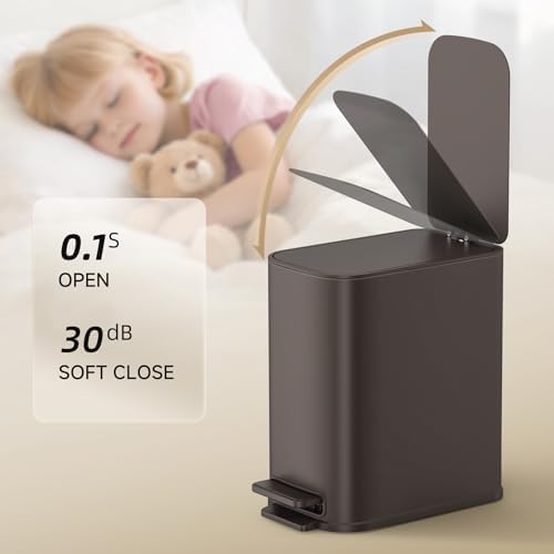 TIPGO Small Bathroom Trash Can with Lid Soft Close,1.3 Gallon, Brown