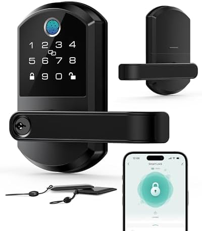 Smart Lock with Lever Handle, Keyless Entry Door Lock with Fingerprint, App Control, Passcode, IC Card & Key, Bluetooth Smart Door Lock for Front Door