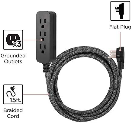 Cordinate 3 Outlet Power Strip 15 Ft Braided Extension Cord, 16 Gauge