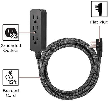 Cordinate 3 Outlet Power Strip 15 Ft Braided Extension Cord, 16 Gauge