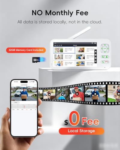 Smart Wireless Doorbell with Camera and 5-inch Monitor, WiFi Video Doorbell Intercom System with PIR Motion Detection, APP Control, Local Storage, No Subscription, Night Vision