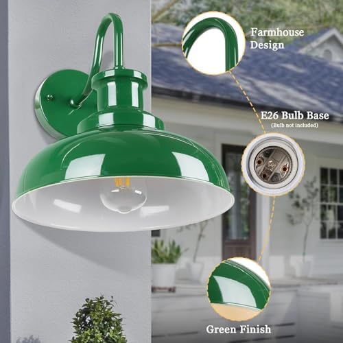 Outdoor Barn Light, Rustic Outdoor Wall Sconce, Farmhouse Exterior Wall Mount Light, Vintage Indoor Wall Lighting Fixture, Industrial Green Lantern Lamp for Porch, Garage, Patio, RZ007 GR+WH