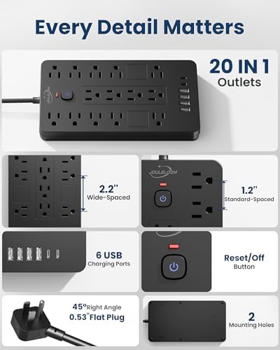 JouleLoom Surge Protector Power Strip-14 Outlets and 6 USB Ports, 15 Feet Flat Plug Extension Cord, 1850 Joules, Black, ETL Listed for Home, Office, Dorm Room