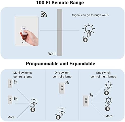 DEWENWILS Wireless Light Switch and Receiver Kit, No in-Wall Wiring Required, Remote Control Switch Lighting Fixture for Ceiling Lights, Fans, Lamps,100 Ft RF Range, Programmable
