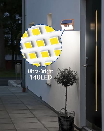 Peasur 2 Pack Solar Lights for Outside, Motion Sensor Outdoor Lights, 140LED Solar Security Lights 3 Working Modes, Solar Lights Outdoor Waterproof for Outside Garden Yard Fence (Brown Frame)