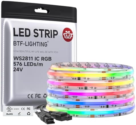 BTF-LIGHTING IP66 RGB WS2811 Smart IC FCOB COB LED Strip, UL Listed 576LEDs/m High Density Color Chasing Uniform Light, DC24V 24FT 10mm Width Tape Light for Home DIY Decor(No Adapter or Controller)