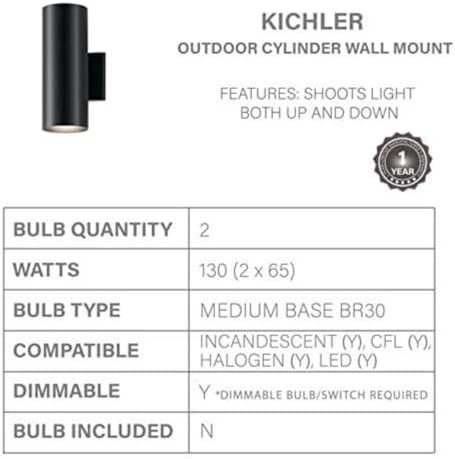 Kichler Cylinders 12" Outdoor Wall Sconce in Black, 2-Light Exterior Wall Light, Cylinder Fixture, (12" H x 5" W) , 9244BK