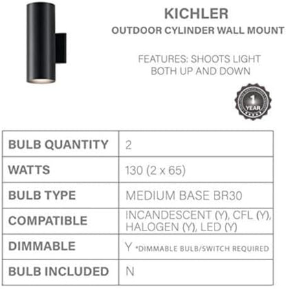 Kichler Cylinders 12" Outdoor Wall Sconce in Black, 2-Light Exterior Wall Light, Cylinder Fixture, (12" H x 5" W) , 9244BK