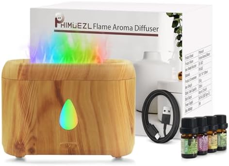 Flame Diffuser for Essential Oils, 200ml Ultrasonic Aroma Diffusers with Cool Mist, Aromatherapy Diffuser with Auto-Off Protection (Wooden Grain(7 Colors), Peppermint+Lavender+Tea Tree+Lemon)