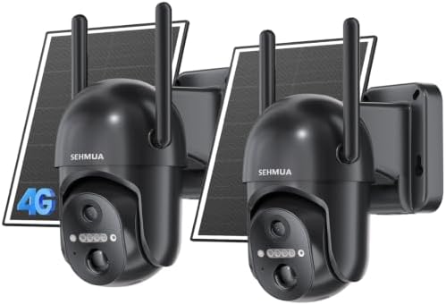 SEHMUA 2 Pack 4G LTE Cellular Solar Security Camera Wireless Outdoor, No Wi-Fi Solar Powered Camera, 360° Live View, 2K Color Night Vision, PIR Motion Sensor, Two-Way Talk, Built-in SIM Card, Black