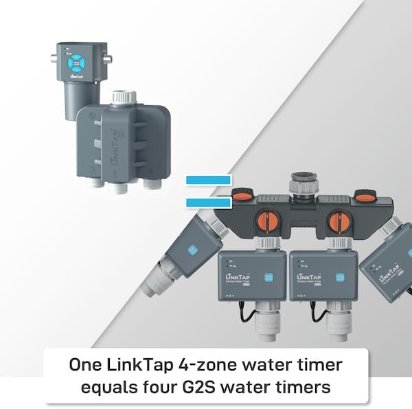 LinkTap Q1 4-Zone Wireless Water Timer & Gateway, Equals Four G2S Smart Hose Timers | 4 Independent Zones for Garden/Lawn/Yard, Irrigation by Weather/Volume/Duration, Fault Detection & Alerts, Anti-Freeze, IP66