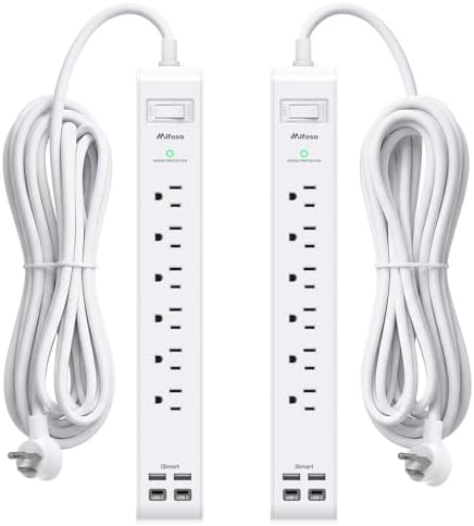 2 Pack Power Strip, 12FT Extension Cord, Surge Protector with 6 Outlets and 4 USB Ports (2 USB C), Extension Cord with Multiple Outlets, Flat Plug Overload Protection, Wall Mount for Home Dorm College