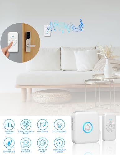 Wireless Doorbell 1000ft Range, Loud Waterproof Door Bell with 60 Melodies