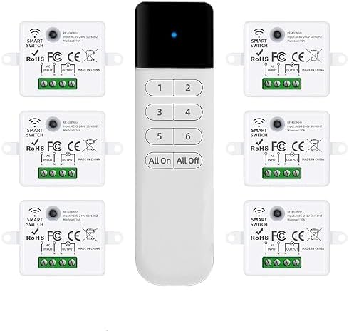Wireless Light Switch Kit, No Wiring, RF Remote, 1 Switch, 6 Receivers