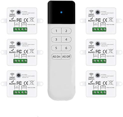 Wireless Light Switch Kit, No Wiring, RF Remote, 1 Switch, 6 Receivers