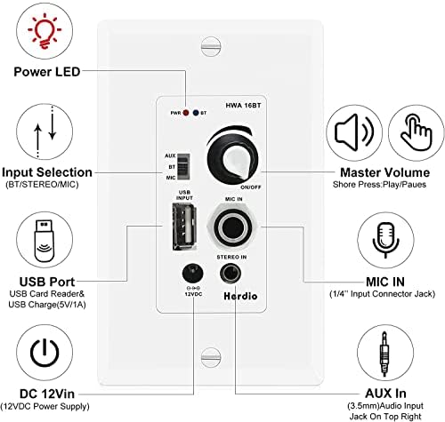Herdio 6.5'' Bluetooth Ceiling Speakers 600W 2-Way Flush Mount Speakers System with Wall Amplifier Receiver for Home Theater Office (2 Pairs, Paintable-Grille)