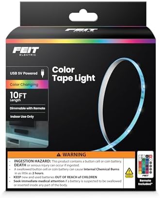 Feit Electric 10ft Color LED Tape Light, Dimmable, RGB Color with Remote Control, Cut-to-Fit Design, 5V USB-Powered Display Lighting, Indoor Use Only, 25,000-Hour Lifetime, TAPE120/RGB/USB