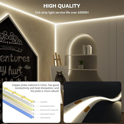 PAUTIX COB LED Strip Nautral White,4000K Dimmable LED Tape Light,CRI93+ Super Bright High Lumen,Compatible with Alexa/Google Assistant,Flexible Strip Ligths for Bedroom,Kitchen,Office,Under Cabinet