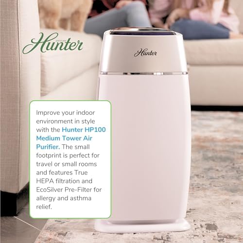 Hunter HP100 Air Purifier for Bedroom, Living Room, Dorm, White & Silver