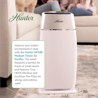 Hunter HP100 Air Purifier for Bedroom, Living Room, Dorm, White & Silver