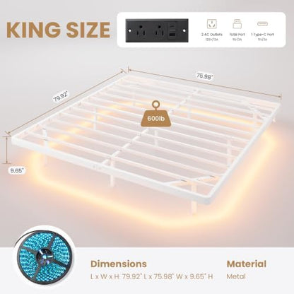 SHA CERLIN King Size Floating Bed Frame with Smart LED Lights, White