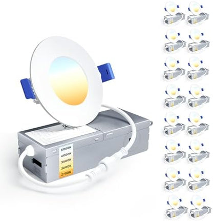 Ensenior 16 Pack 3 Inch LED Recessed Ceiling Light, Dimmable, 2700K-5000K 5CCT, 500LM 6W 120V, High Brightness Canless Wafer Downlight - ETL&FCC&IC