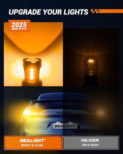 SEALIGHT 7443 7440 LED Bulb Amber Turn Signal Lights, T20 7441 7444 992 W21W LED Light Bulb with Projector Len and Need Extra Load Resistor, Includes Additional Decoders, Pack of 2